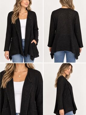 Masai Cardigan Womens L Black Cotton Viscose Open Front Draped Asymmetrical Knit